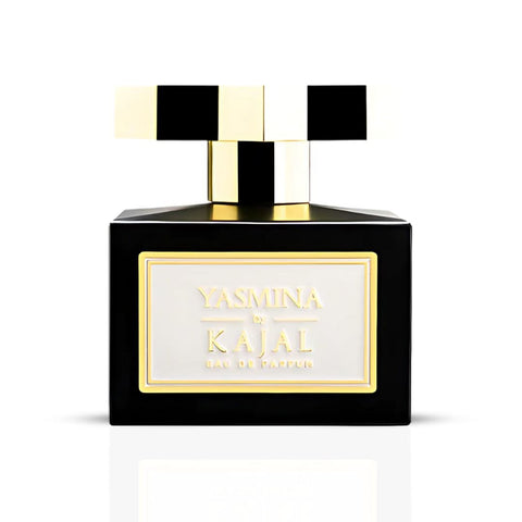 Yasmina Eau de Parfum Spray 100ml by Kajal, glass bottle with silver cap, showcasing elegant fragrance packaging.