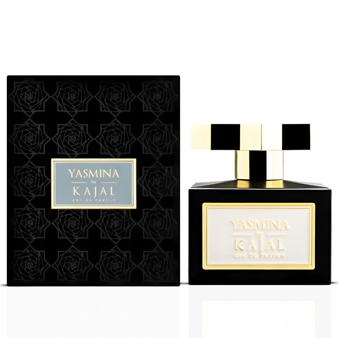 Kajal Yasmina Eau de Parfum spray bottle 100ml, elegant glass bottle with a sleek design and perfume liquid inside.