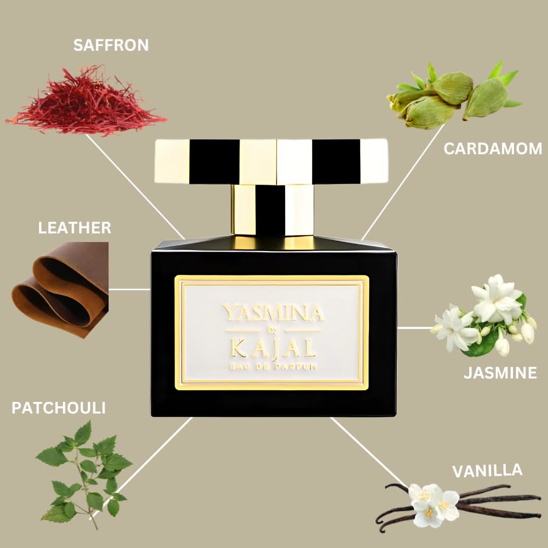 Kajal Yasmina Eau de Parfum spray 100ml bottle with elegant packaging, showcasing the fragrance's sophisticated design.