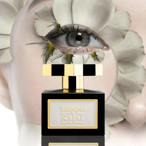 Kajal Yasmina Eau de Parfum spray 100ml bottle, elegant fragrance with floral and woody notes, shown in a sleek perfume bottle.