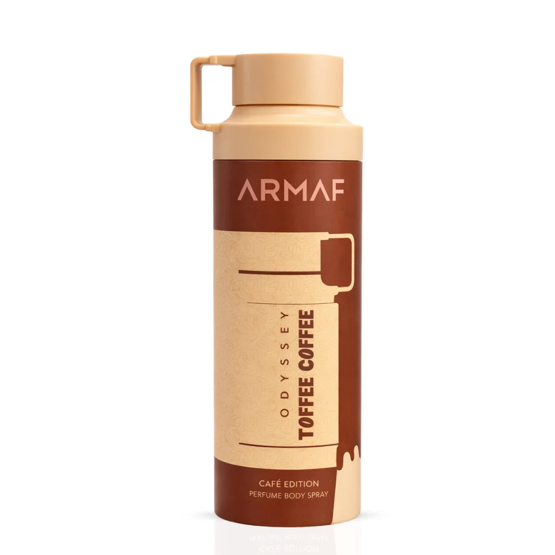 Odyssey Toffee Coffee perfumed body spray by Armaf, 200ml deodorant bottle with a sleek design and aromatic scent.