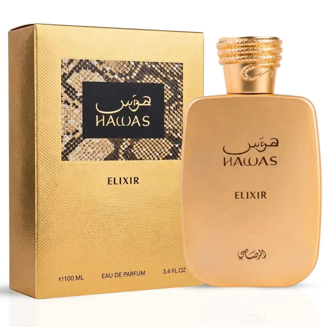 Rasasi Hawas Elixir and Hawas For Her Eau de Parfum spray bundle, 100ml bottles, featuring elegant fragrance bottles.
