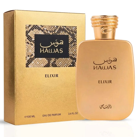 Rasasi Hawas Elixir and Hawas For Her Eau de Parfum spray bundle, 100ml bottles, featuring elegant fragrance bottles.