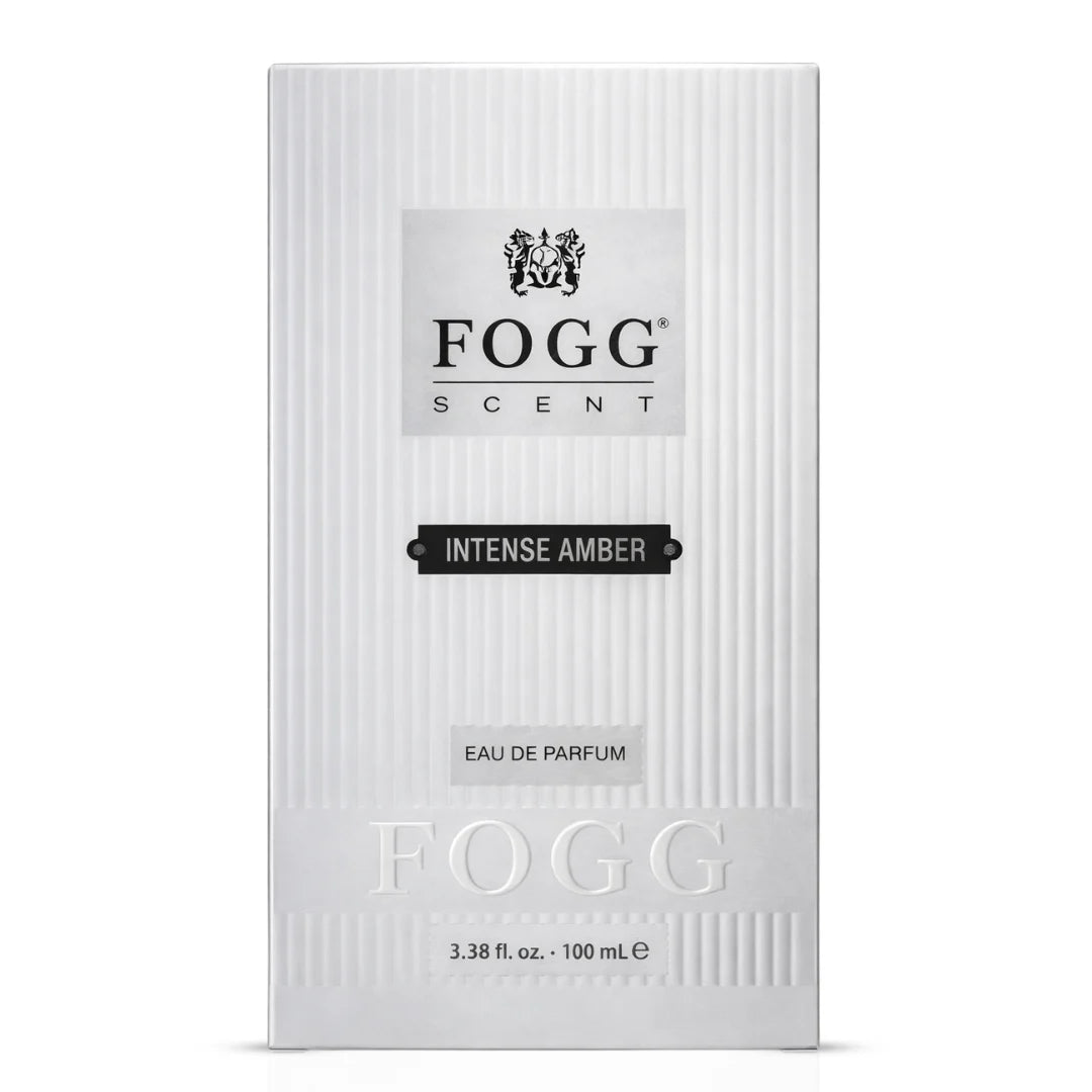 Fogg Intense Amber Eau de Parfum spray for men, 100ml bottle with amber-colored liquid, showcasing the sleek perfume packaging.