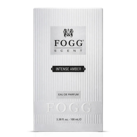 Fogg Intense Amber Eau de Parfum spray for men, 100ml bottle with amber-colored liquid, showcasing the sleek perfume packaging.