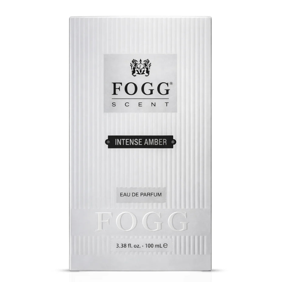 Fogg Intense Amber Eau de Parfum spray for men, 100ml bottle with amber-colored liquid, showcasing the sleek perfume packaging.