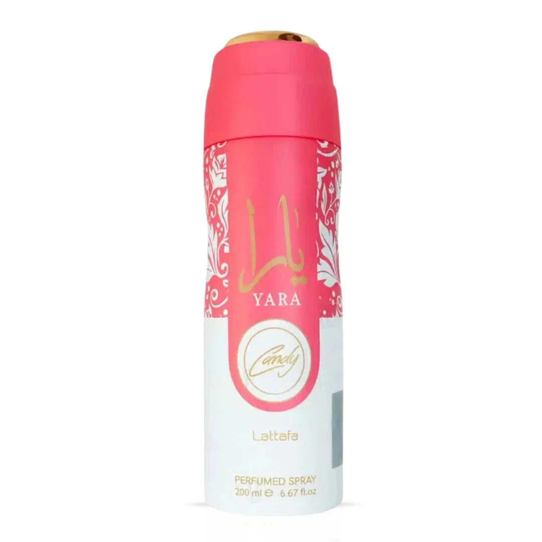 Lattafa Yara Candy Deodorant Spray 200ml with floral and fruity scent, featuring a sleek white and pink bottle.