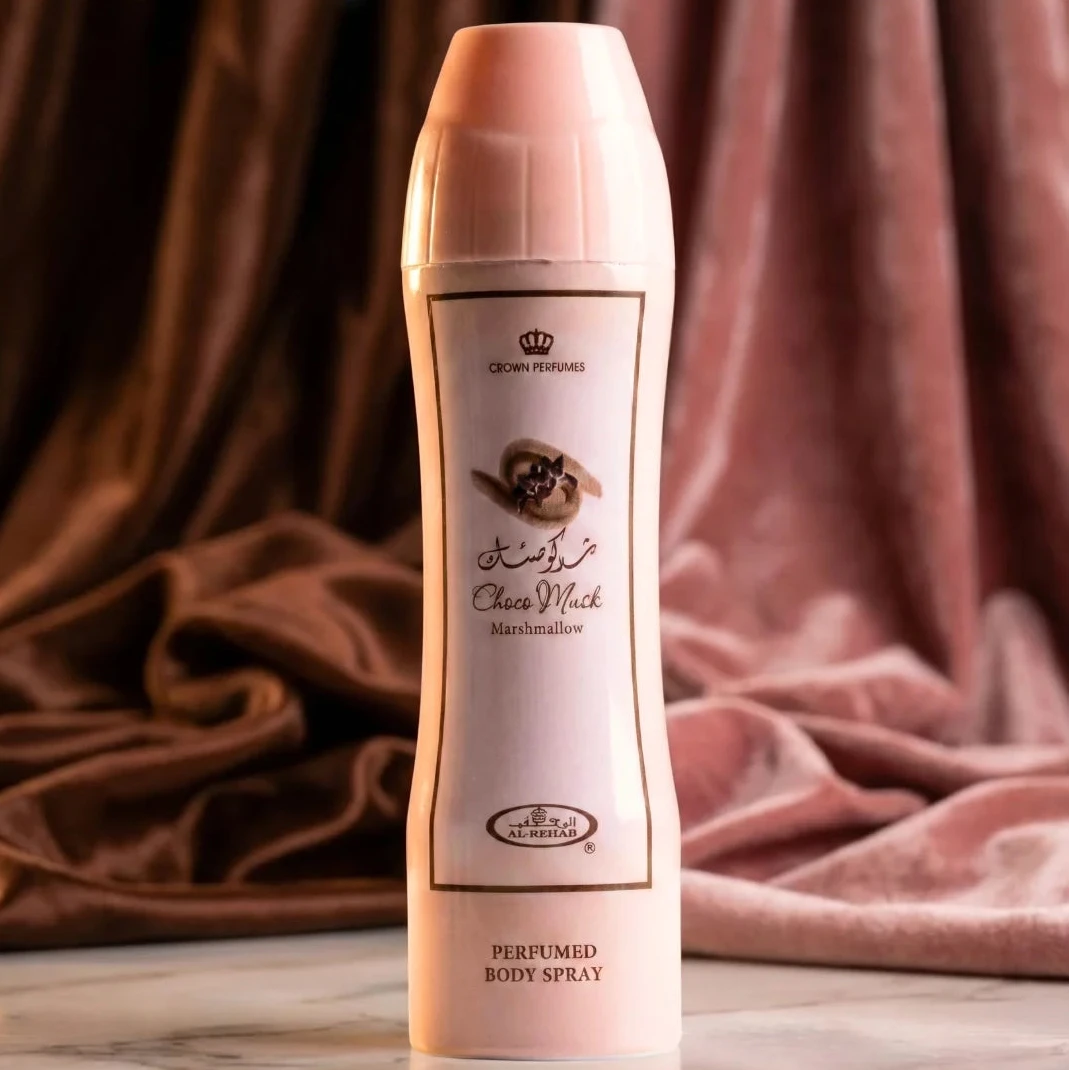 Al Rehab Choco Musk Marshmallow perfumed body spray 200ml, showing the spray bottle with chocolate and marshmallow scent branding