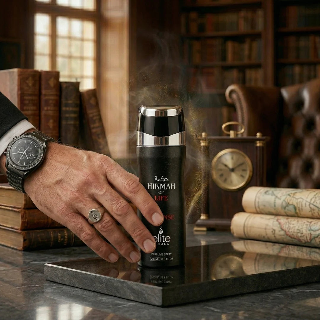 Elite Risala Hikmah Of Life intense perfume body spray 200ml deodorant with floral and woody fragrance, shown in a sleek bottle.