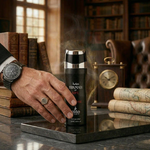 Elite Risala Hikmah Of Life intense perfume body spray 200ml deodorant with floral and woody fragrance, shown in a sleek bottle.