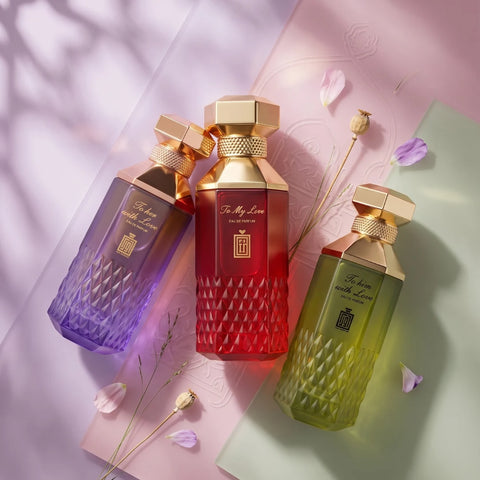 Aura Fragrances To Him With Love and To Her With Love 100ml Eau De Parfum spray bundle, featuring elegant glass bottles.