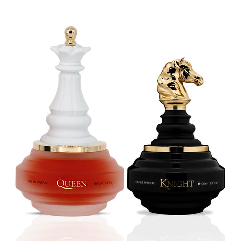 Bundle of Armaf Checkmate Black Knight and Queen Eau de Parfum sprays, featuring stylish black bottle designs, 100ml each.