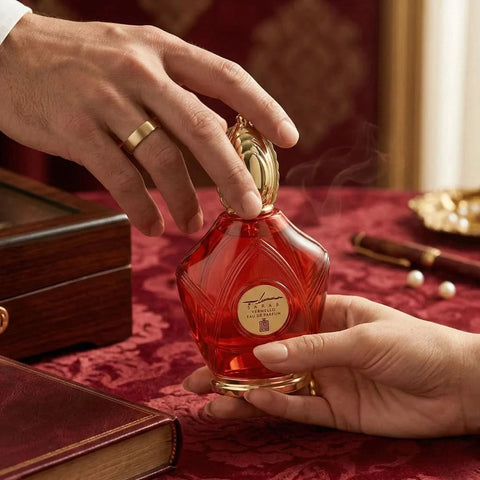 Aura Fragrances Sarab Vermello Eau De Parfum spray bottle, 100ml, with elegant packaging and floral scent details.