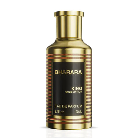 Bharara King Gold Edition Eau de Parfum spray 100ml bottle with gold accents, elegant design, and floral fragrance elements.