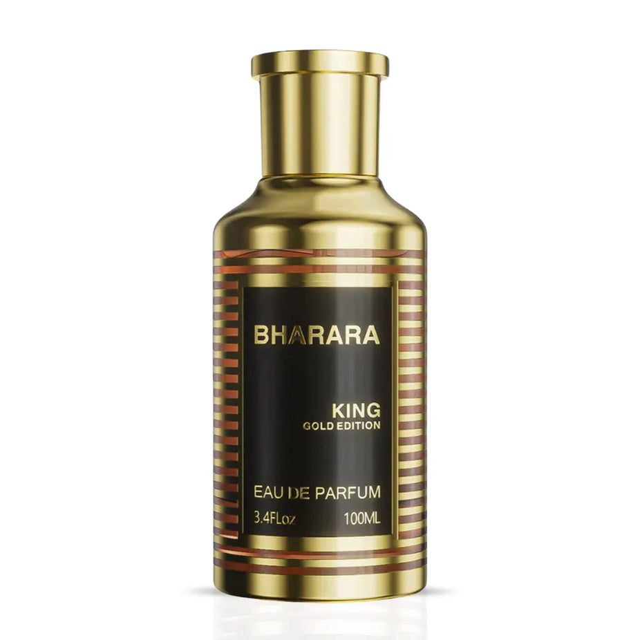 Bharara King Gold Edition Eau de Parfum spray 100ml, elegant gold bottle with ornate design, showcasing luxury fragrance.