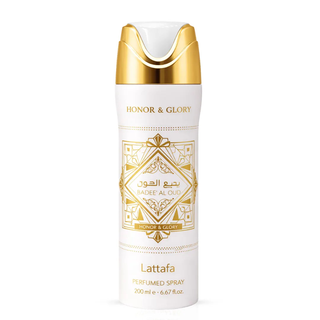 Lattafa Bade’e Al Oud Honor & Glory deodorant 300ml spray bottle with elegant design and fragrance details.