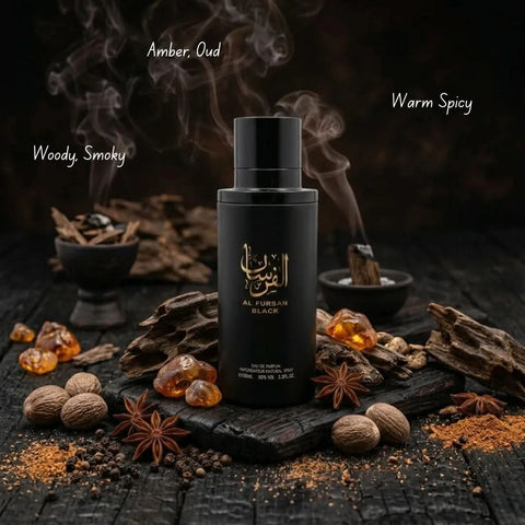 Aura Fragrances Al Fursan Black Eau De Parfum spray, 100ml, featuring sleek black bottle and elegant packaging.