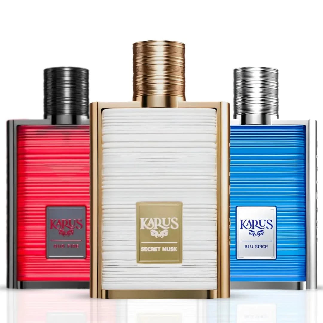 Karus Blu Spice, Secret Musk & Oud Fire Eau de Parfum Sprays 100ml (3.