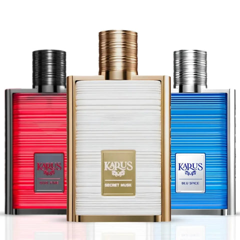 Khadlaj Karus Blu Spice, Secret Musk & Oud Fire Eau de Parfum bundle in 100ml spray bottles, featuring luxurious musk, spice, and oud scents.