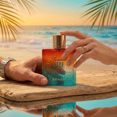 Rayhaan Tropical Vibe Eau de Parfum spray 100ml with vibrant tropical floral design on the bottle.