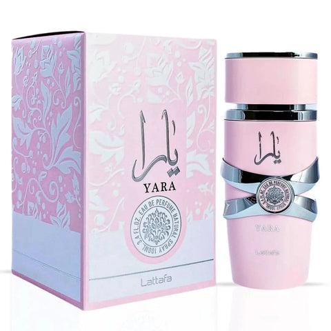 Bundle of Yara Eau De Parfum spray by Lattafa and Pink Blush Shams Al Emarat roll-on perfume oil by Ard Al Zaafaran, featuring elegant packaging.