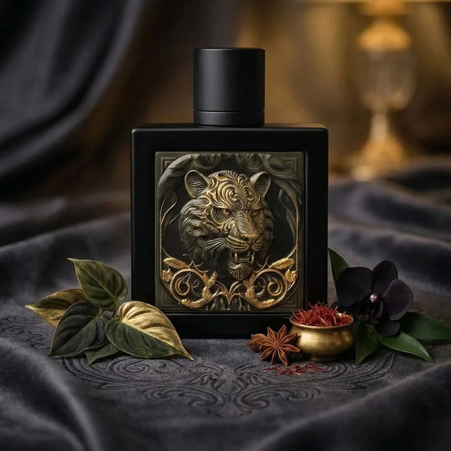 Rayhaan Tiger Eau de Parfum spray 100ml bottle, featuring a sleek design with tiger motif and elegant packaging.