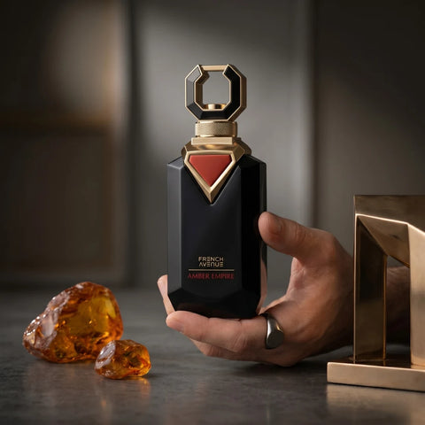 French Avenue Amber Empire Eau de Parfum spray in 100ml bottle, featuring warm amber and floral scent details.