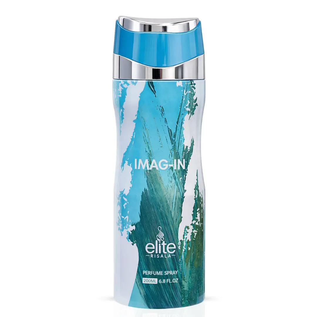 Elite Risala Imag-In Body Spray 200ml deodorant bottle with a sleek design and blue cap.