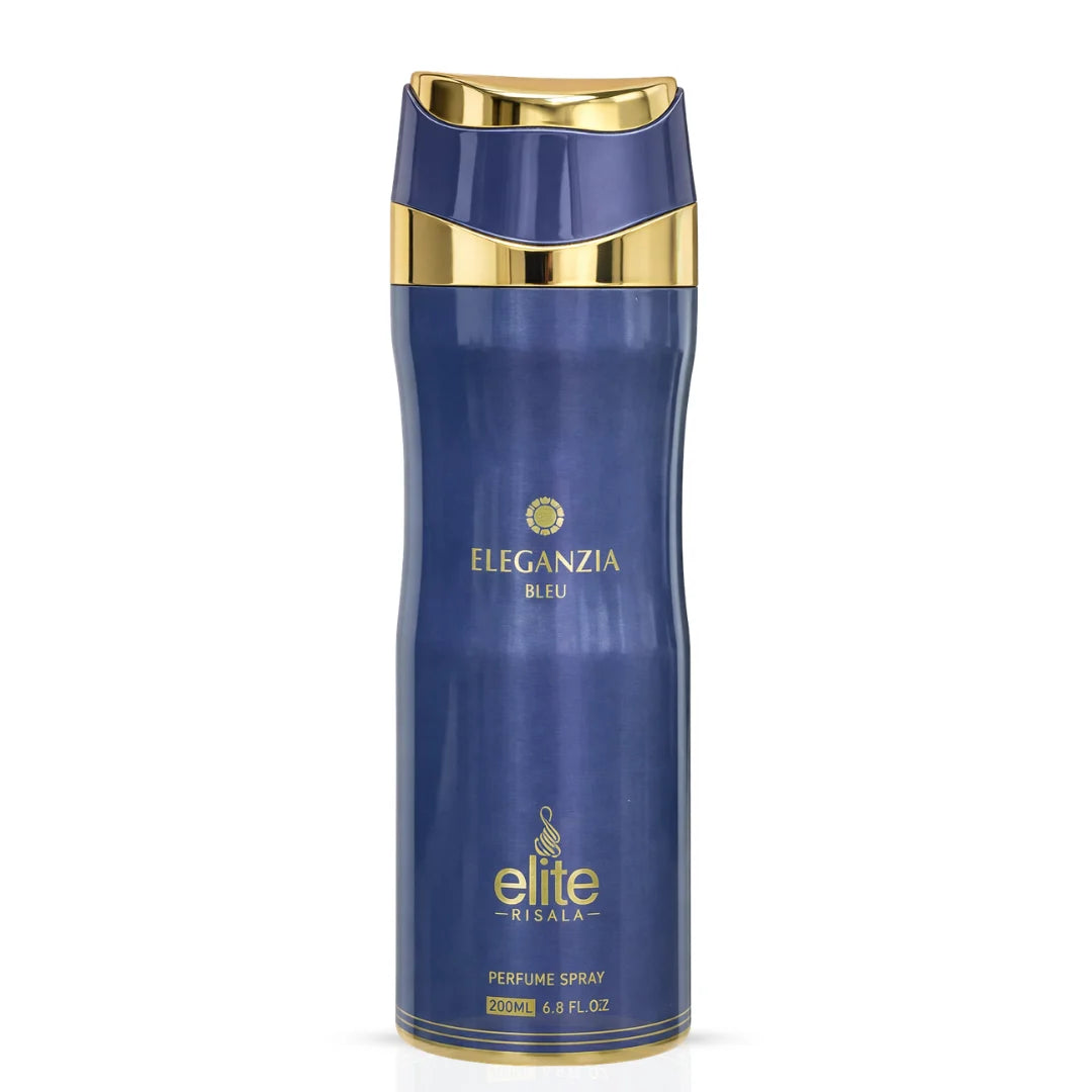 Elite Risala Eleganzia Bleu Body Spray 200ml deodorant bottle with blue design and spray nozzle.