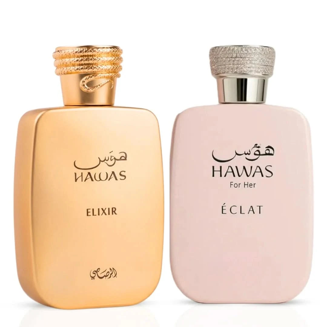 Rasasi Hawas Elixir and Hawas For Her Eau de Parfum Spray bundle, 100ml bottles with elegant packaging visible in the image