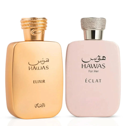 Rasasi Hawas Elixir and Hawas For Her Eau de Parfum Spray bundle, 100ml bottles with elegant packaging visible in the image