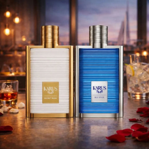 Khusdaj Karus Secret Musk and Karus Blu Spice Eau de Parfum Spray bundle, 100ml bottles, featuring elegant fragrance packaging.
