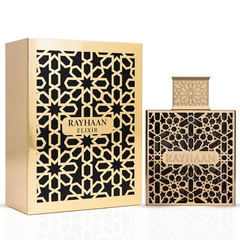 Rayhaan Elixir Eau de Parfum spray 100ml bottle, elegant design, showcasing the Rayhaan fragrance packaging.