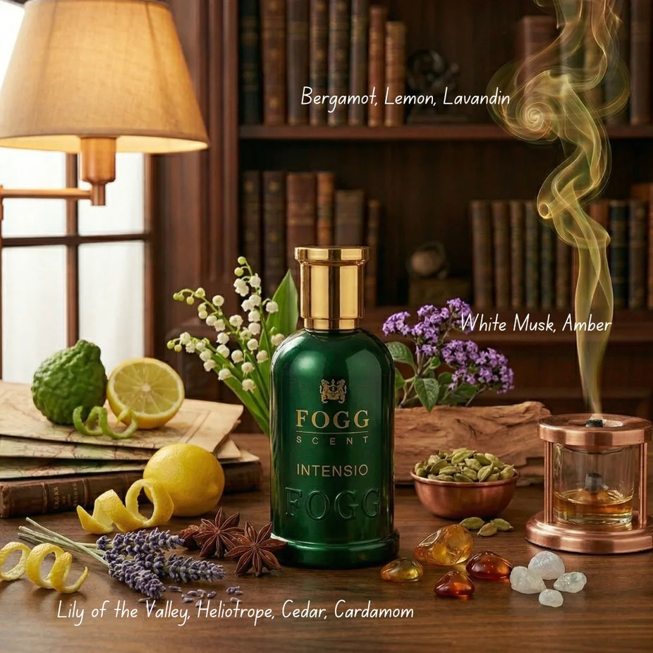Fogg Intensio for Men Eau de Parfum spray 100ml bottle with sleek design and black cap on a white background.
