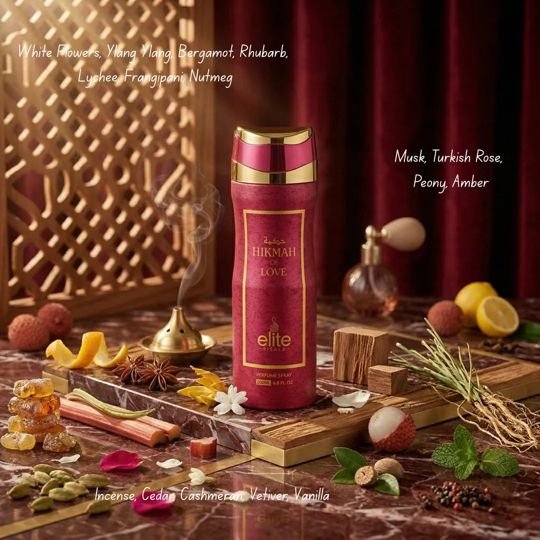 Elite Risala Hikmah Of Love Body Spray 200ml deodorant bottle with floral and fruity scent details.