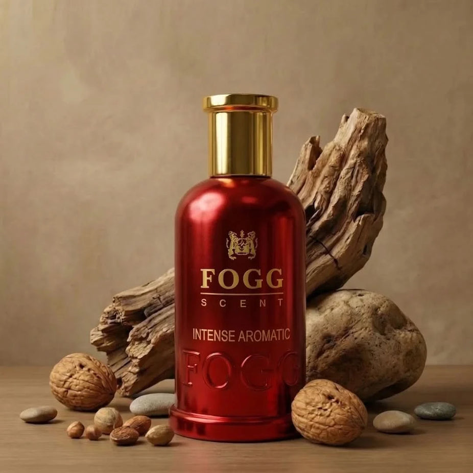Fogg Intense Aromatic Eau de Parfum spray for men, 100ml bottle with sleek packaging and dark fragrance accents.