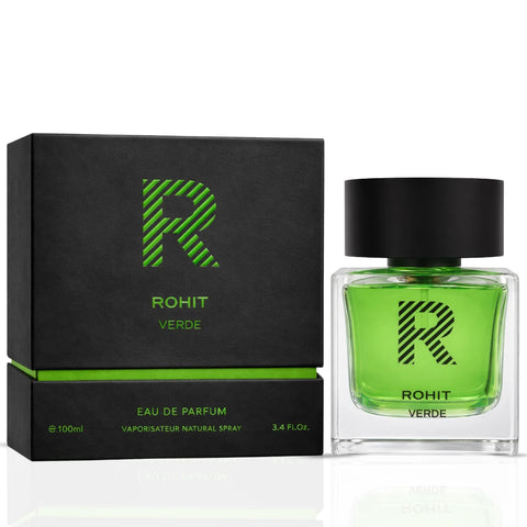 Rohit Verde Eau de Parfum Spray by Bharara, 100ml, featuring a sleek bottle with vibrant green accents and elegant design.