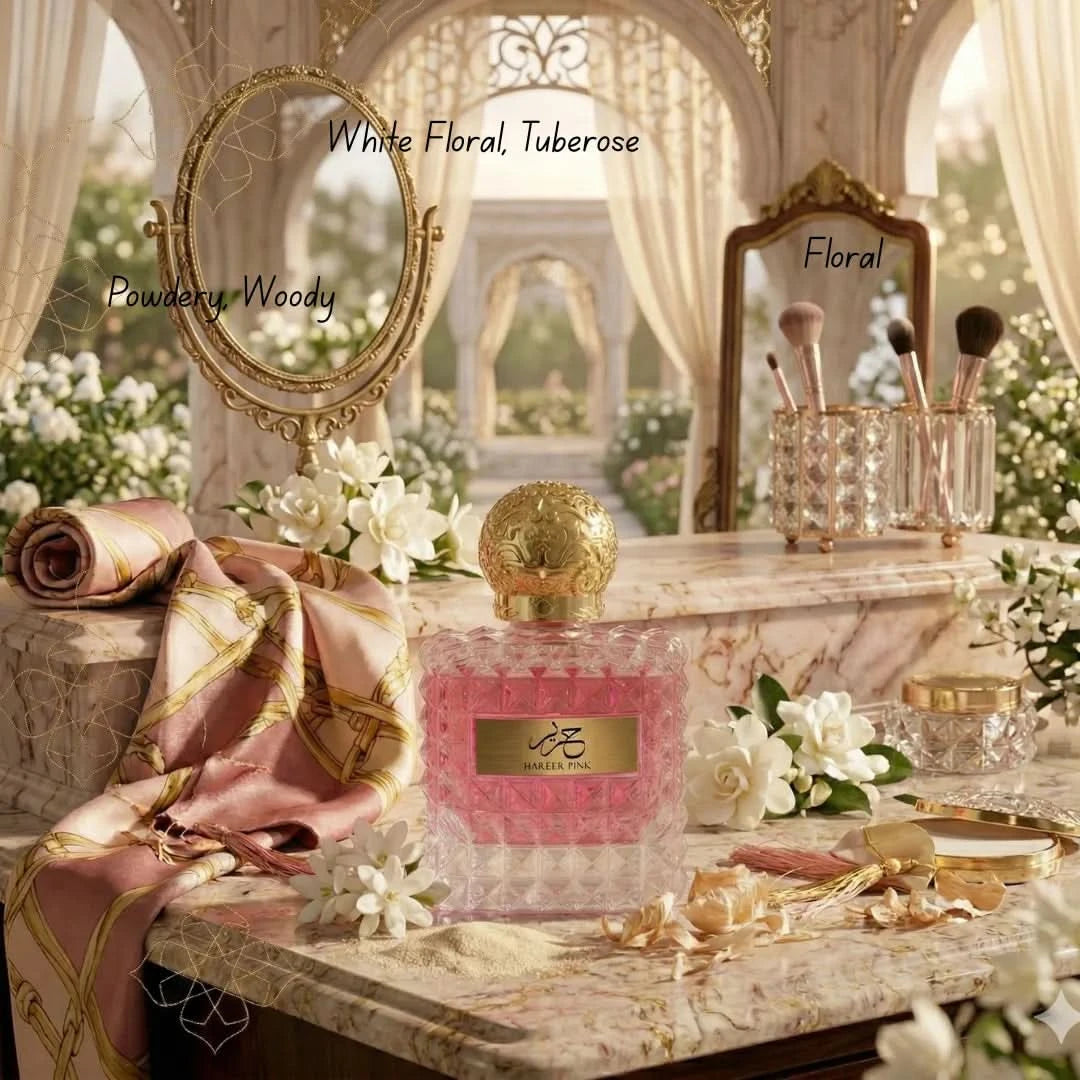 Aura Fragrances Hareer Pink Eau De Parfum spray bottle, 100ml, with a sleek pink design and elegant packaging.