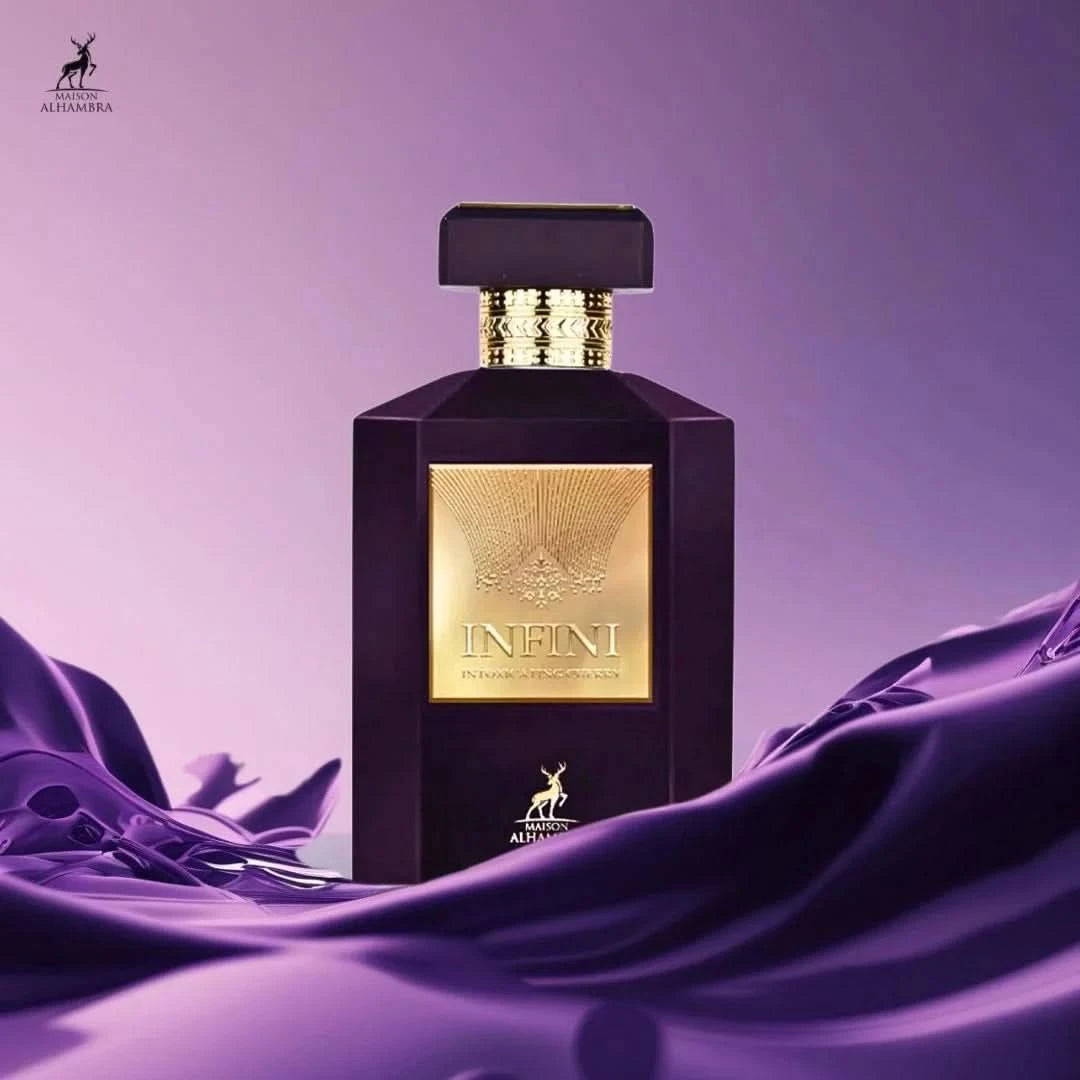 Maison Alhambra Infini Intoxicating Cherry Eau de Parfum spray 100ml in velvet pouch, featuring a sleek glass bottle with cherry fragrance
