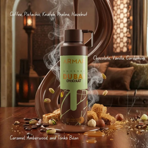 Odyssey Dubai Chocolate Perfumed Body Spray by Armaf, 200ml deodorant with a sleek black bottle and chocolate scent, front view.