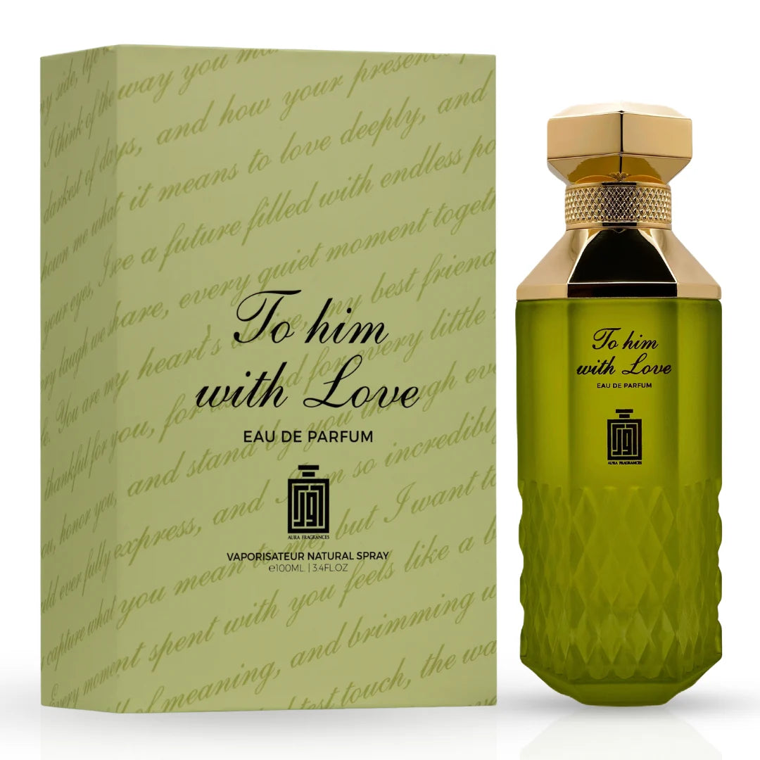 Aura Fragrances To Him and To Her Eau De Parfum Spray bundle, 100ml each, featuring elegant bottles for both men and women.
