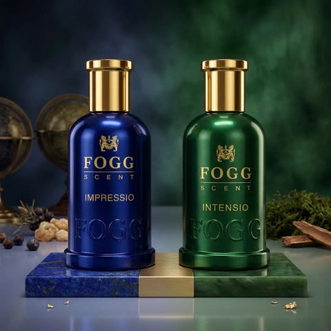 Fogg Impressio & Intensio for Men Eau de Parfum bundle, 100ml spray bottles, featuring masculine fragrance designs.