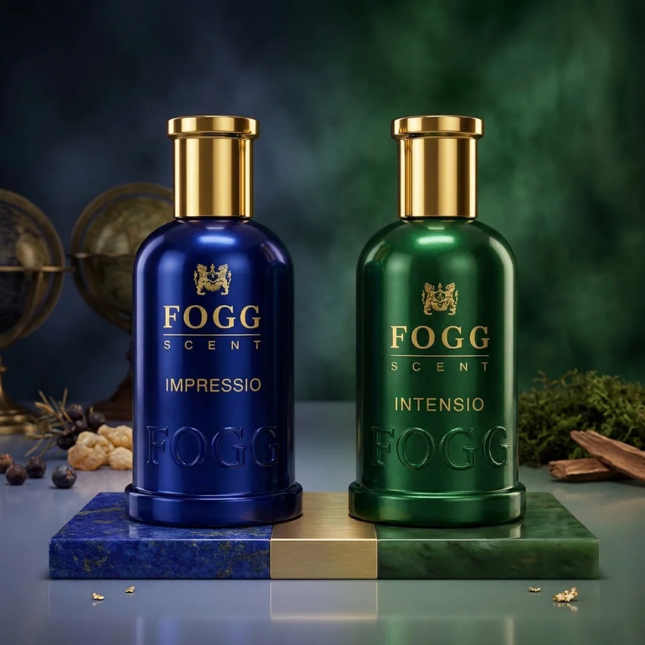 Fogg Impressio & Intensio for Men Eau de Parfum spray bundle, 100ml, featuring two stylish bottles with sleek design.