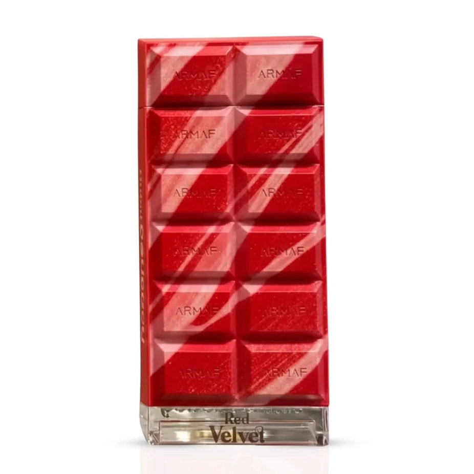 Dubai Delicacy Red Velvet Eau de Parfum spray by Armaf, 70ml, featuring a luxurious red velvet fragrance bottle.