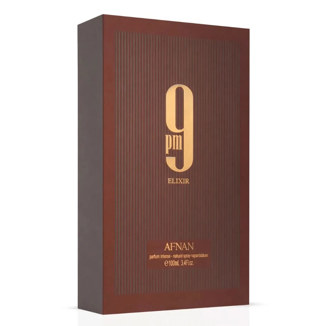 Afnan 9PM Elixir Eau De Parfum spray bottle, 100ml, with elegant design, showcasing the fragrance's luxurious essence.