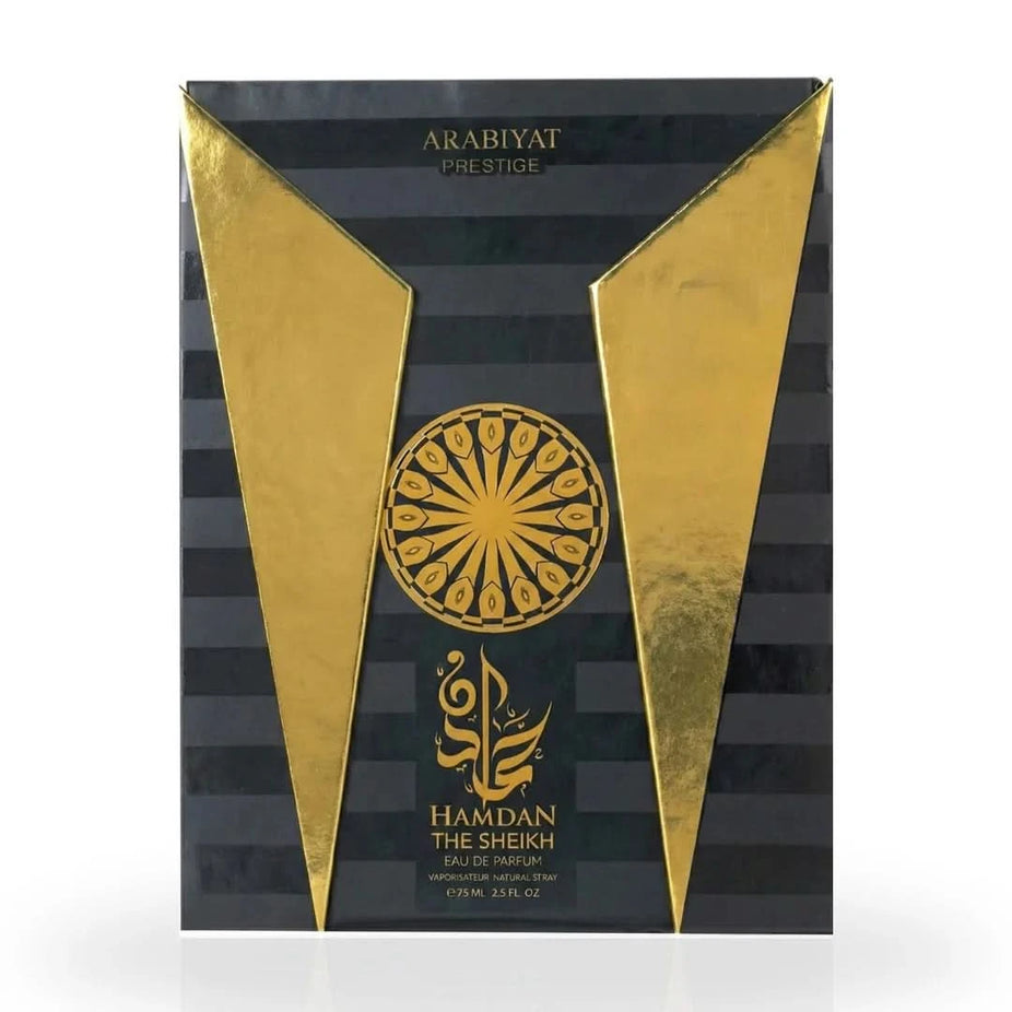 Arabiyat Prestige Hamdan The Sheikh Eau de Parfum spray 75ml, elegant bottle with gold accents and intricate design.