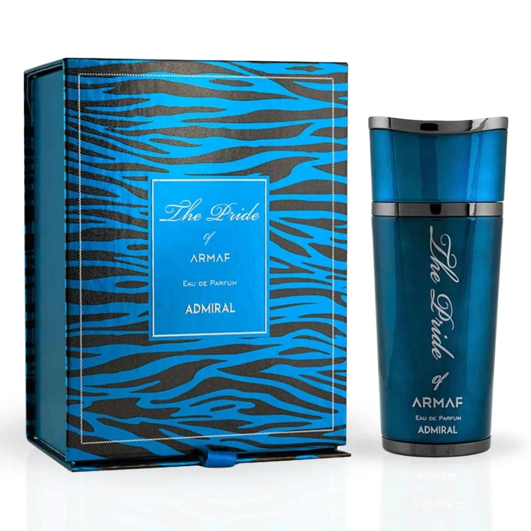 Bundle of Armaf Pride of Armaf Admiral and Pour Femme Eau de Parfum sprays, 100ml bottles, featuring elegant perfume packaging.