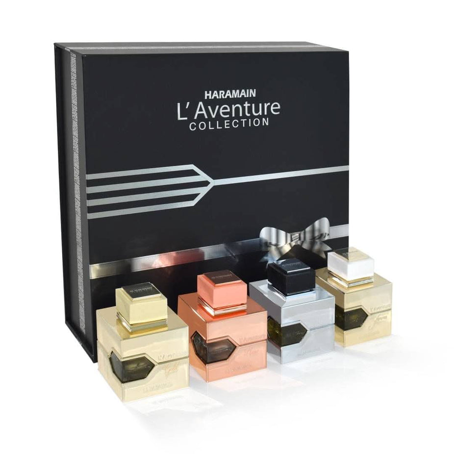 Al Haramain L'aventure Collection 100ml Eau De Parfum gift set with elegant packaging and a sleek perfume bottle.
