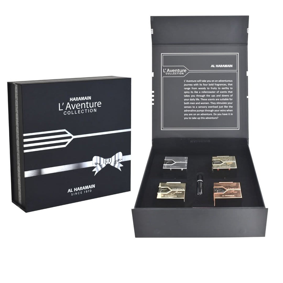 Al Haramain L'aventure Collection 100ml Eau De Parfum gift set with elegant bottle and packaging.