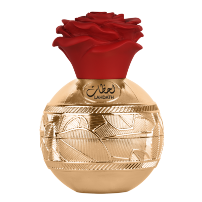 Lattafa Pride Lahdath EDP spray in 20ml travel size, unisex perfume bottle with elegant design, suitable for men and women.